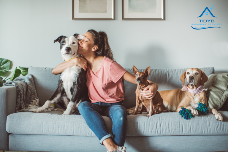 Happy pets cuddling with their owner on a cozy couch in a clean, pet-friendly home