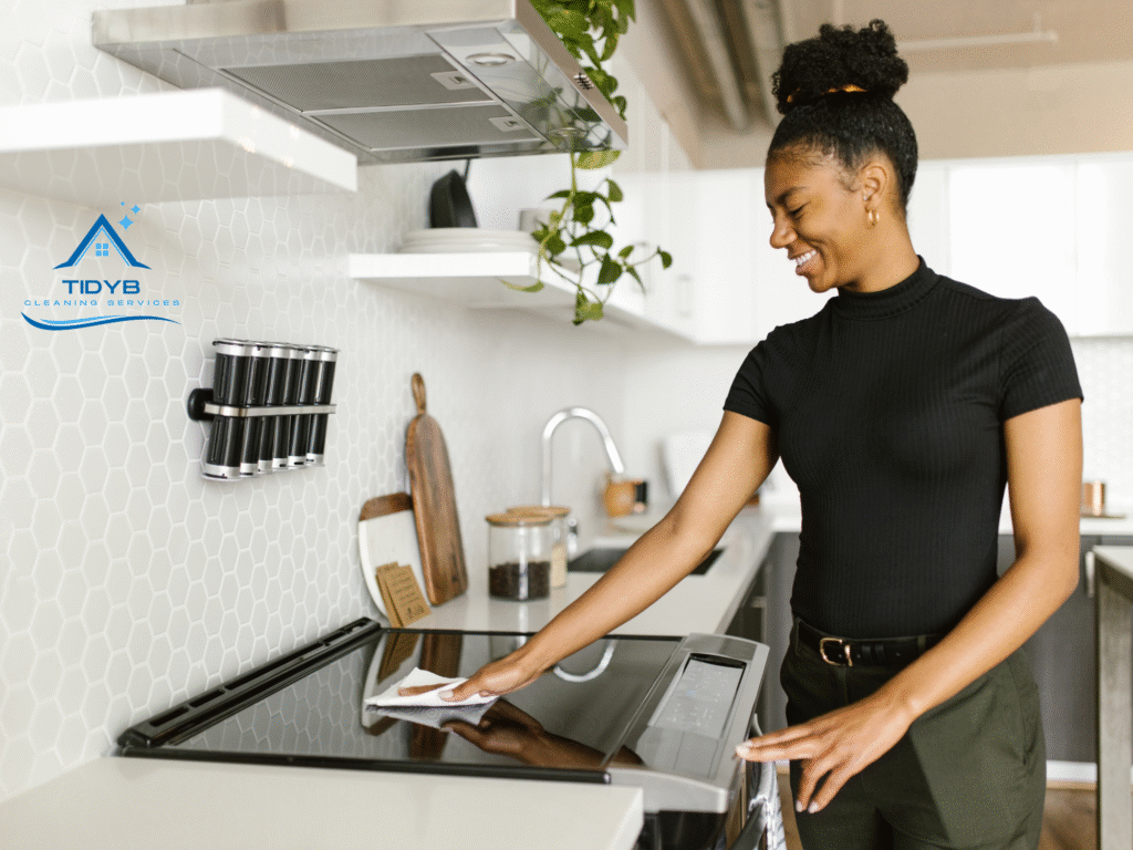 Cleaner using time-saving tools to quickly tidy up a home