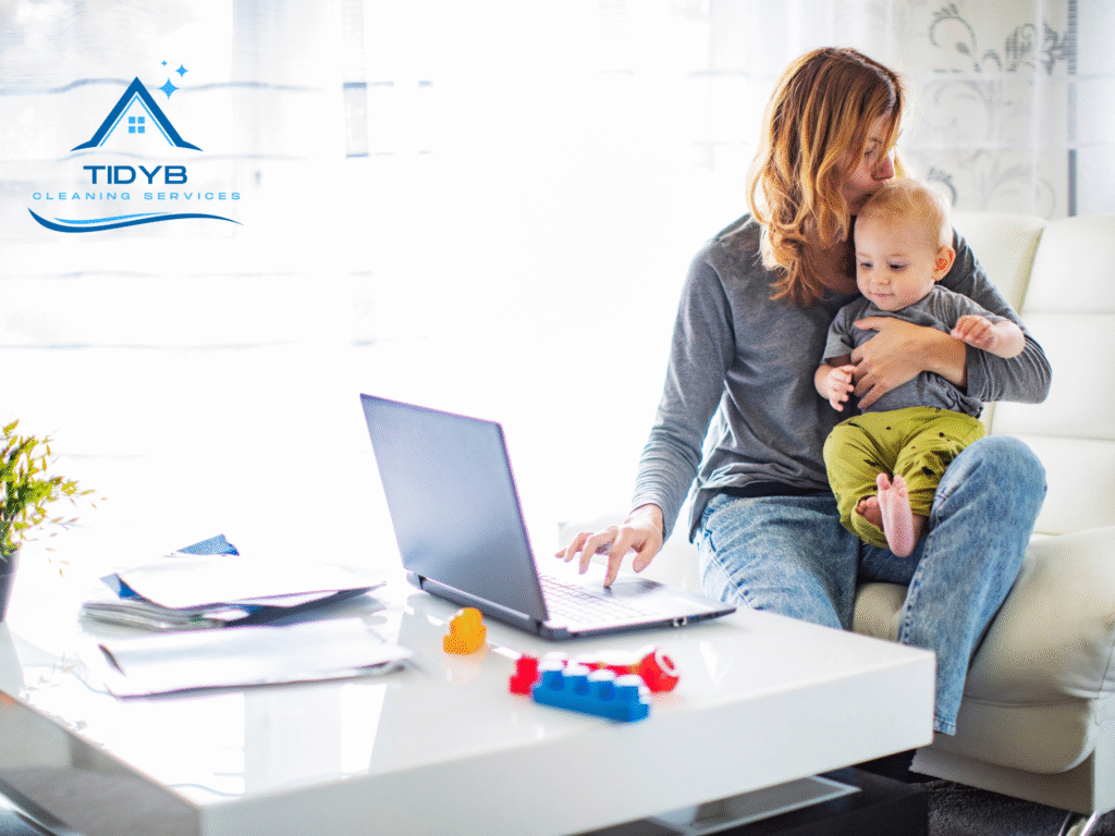 A joyful mother kissing her baby in a clean, serene living room. A tidy, healthy home environment supports physical and mental well-being. TidyB Cleaning Services in Ontario helps families maintain a clean space, creating a nurturing and stress-free environment for both parents and children.