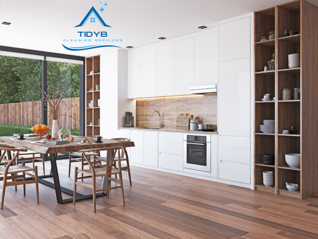 Modern kitchen with spotless countertops and sparkling sink