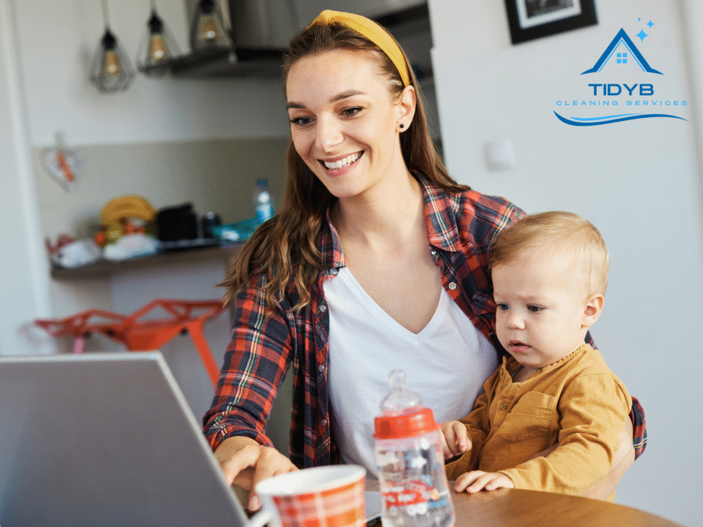 Mom cleaning a playroom with safe, non-toxic products