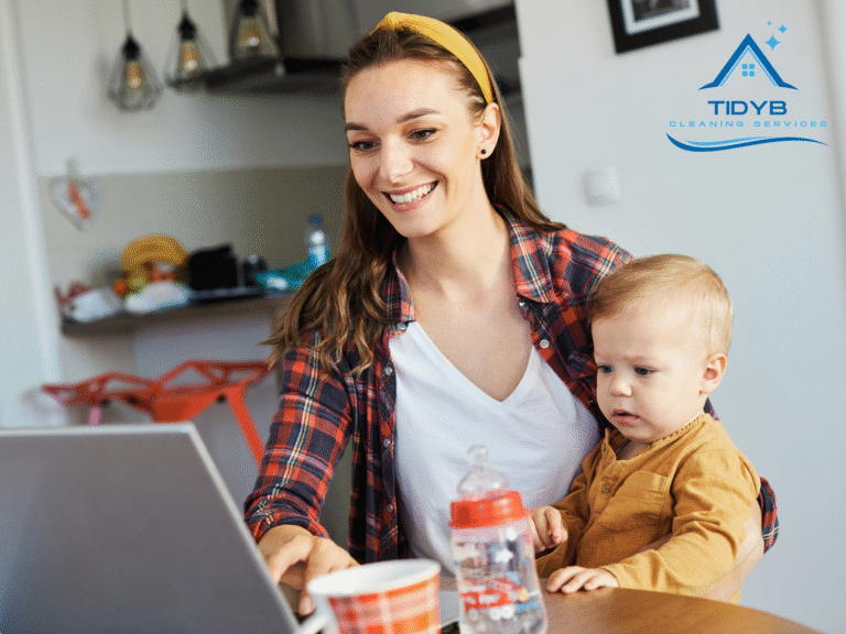 Mom cleaning a playroom with safe, non-toxic products