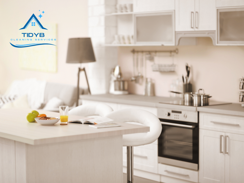 Bright and clean kitchen with spotless countertops and stainless-steel appliances