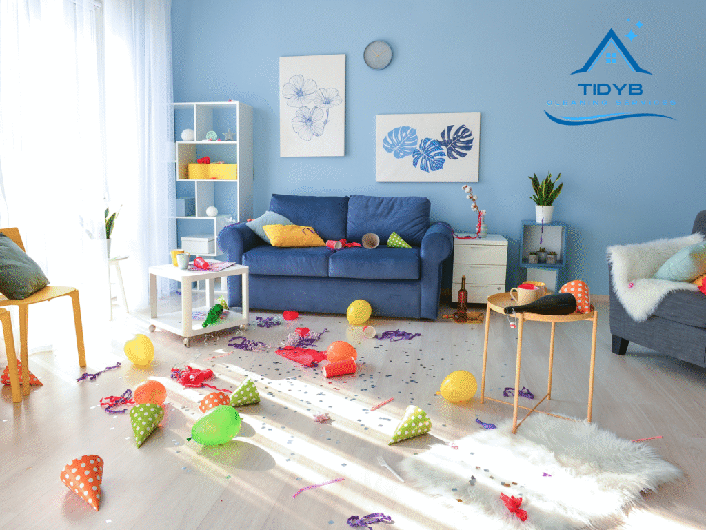 a lively home party with leftover cups and confetti