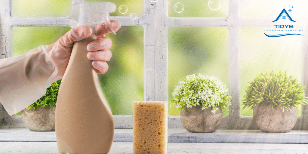 Green cleaning spray bottle on kitchen counter, symbolizing eco-friendly cleaning