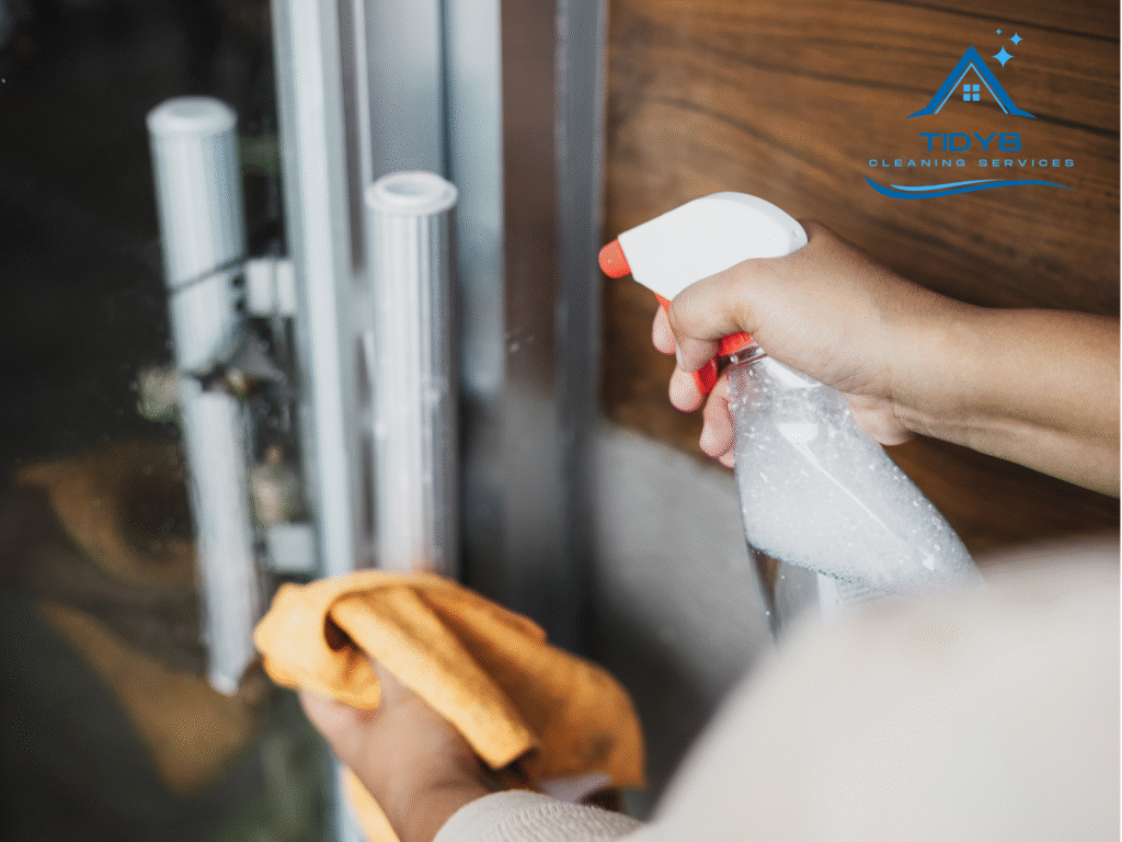 Person scrubbing a door handle with disinfectant cloth
